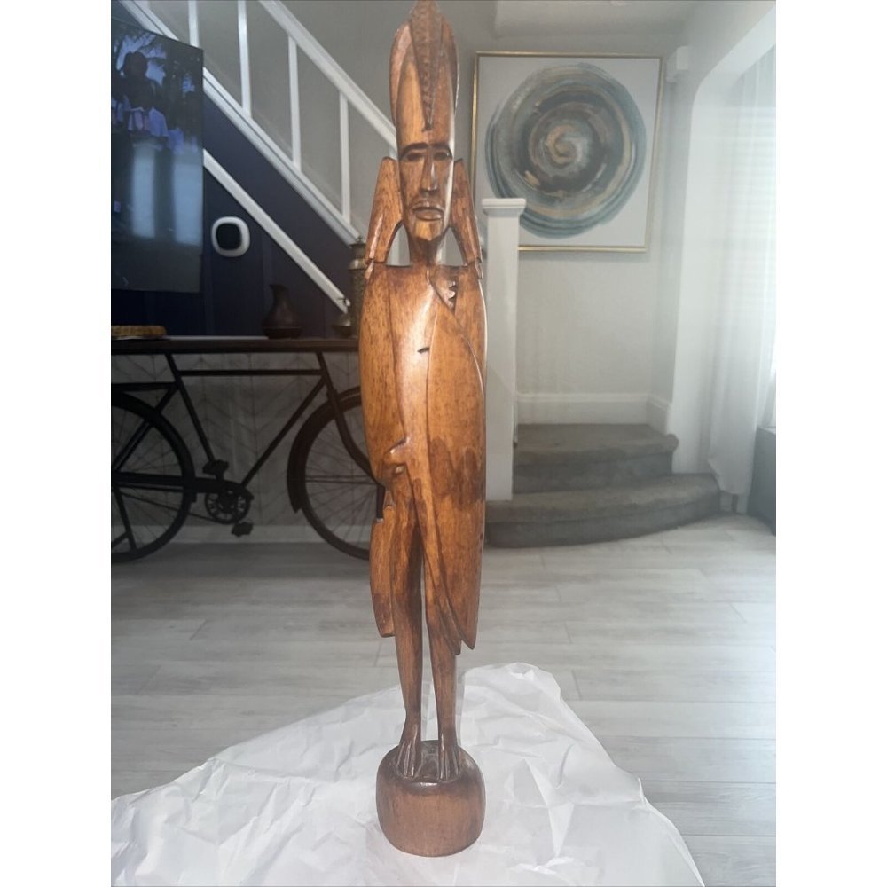 19 Inch tall carved wood statues figure man With Shield/ Missing spear Vintage​​